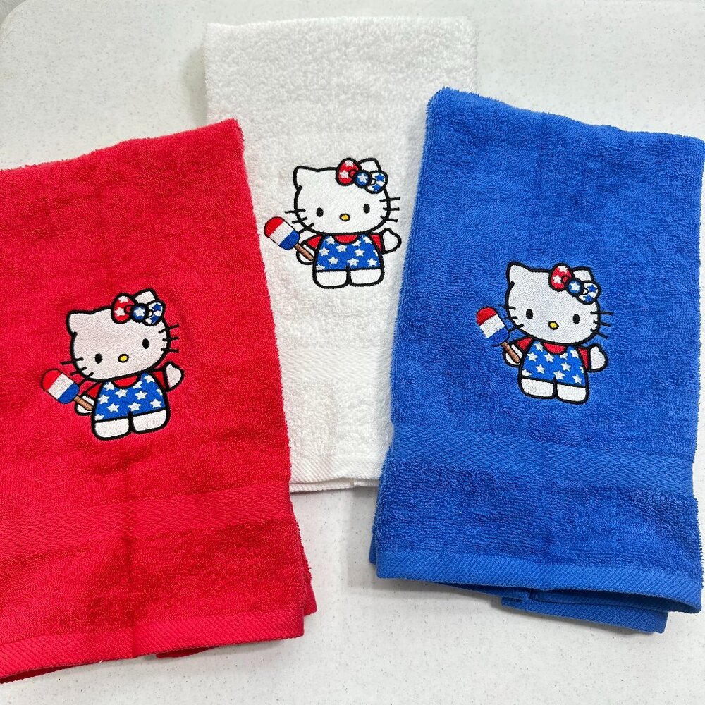 Hello Kitty Towels Embroidered July 4th Hand Towel Set Cute Bathroom Holiday
